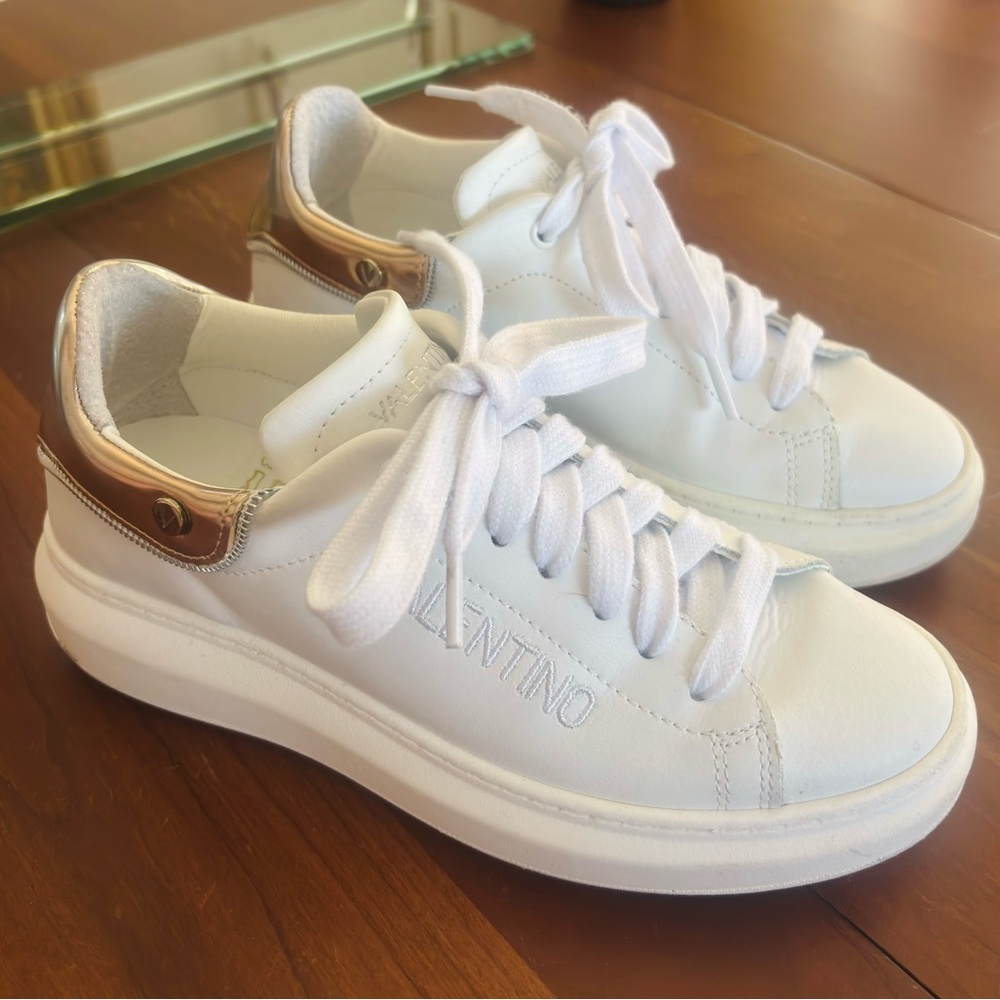Valentino White Leather Rose Gold Platform Sneaker